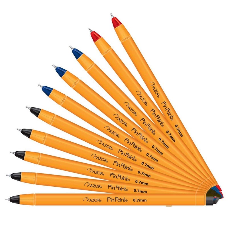 AZOR Pin Point Fine Point Writing Pens 0.7mm â€“ Ballpoint Pens Assorted (10 Pack: 5 Black, 3 Blue, 2 Red) - Image 1